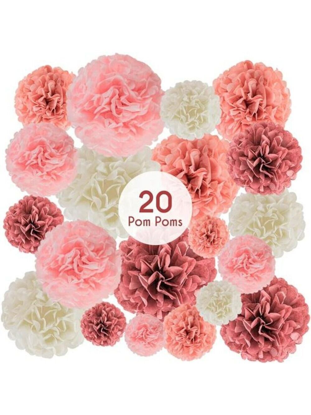 EpiqueOne Tissue Paper Pom Poms 20pc Pink Mauve Cream Bridal Shower Decor